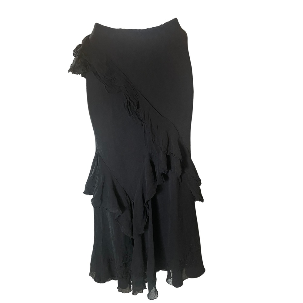 Womens Y2K Black Ruffle Beaded Whimsigoth Dark Fairy Midi Skirt Size S Grunge